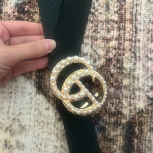 Elegant Black Belt with Gold Pearl Buckle